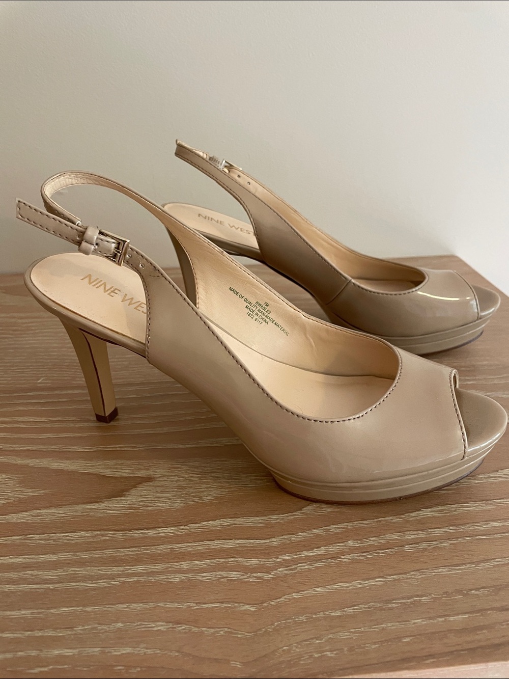 Nine West Glossy Nude Patent Peep-Toe Slingback Heels